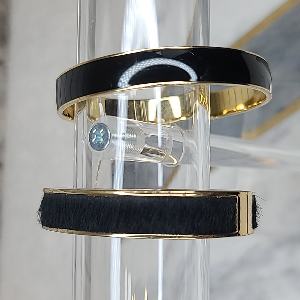 J Crew Gold Plated Enamel Bangle & Hinged Calf Hair Bracelet in Black & Gold - Picture 3 of 16